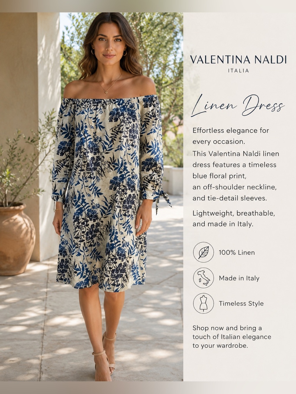 Valentina Naldi Italian Linen Floral Off-Shoulder Tunic Dress - Blue on Cream - Picture 2 of 10